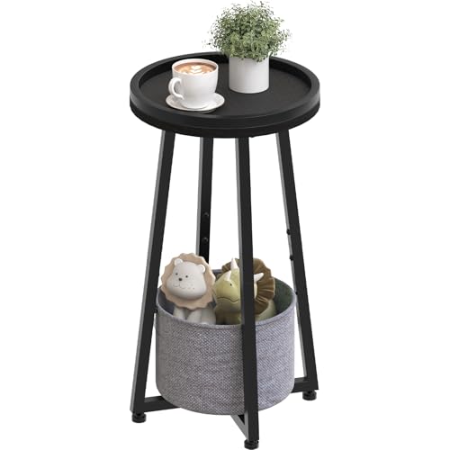 HOOBRO Small Round Side Table, 2-Tier Round Sofa End Table, Compact Nightstand with Fabric Storage Basket, for Small Space, Living Room, Bedroom, Dorm, Black and Gray BB183BZ01 - color: Black