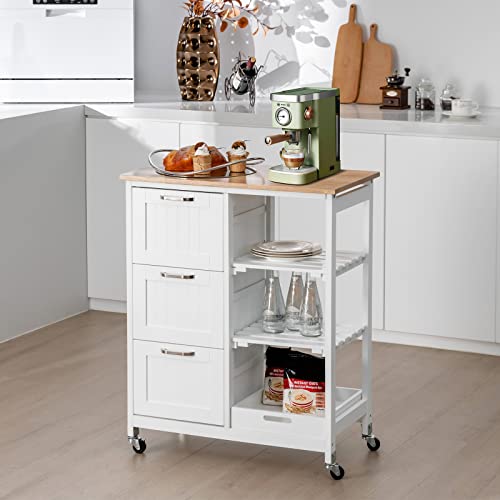 Giantex Kitchen Island Cart on Wheels with Storage, Bar Serving Cart with 3 Deep Drawers, Open Shelves & Removable Tray, Rolling Kitchen Trolley Cart for Home Kitchen, Dining Room, Bar, White - color: White