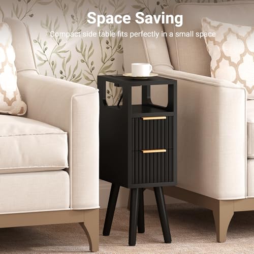 Narrow Side Table with Charging Station, Skinny Fluted Nightstand, Black | 7.9" Wide, 24.4" H, 2 Drawers, Solid Wood Feet, Open Shelf, Slim End Table for Small Spaces, Bedroom - color: Black-1 Pcs