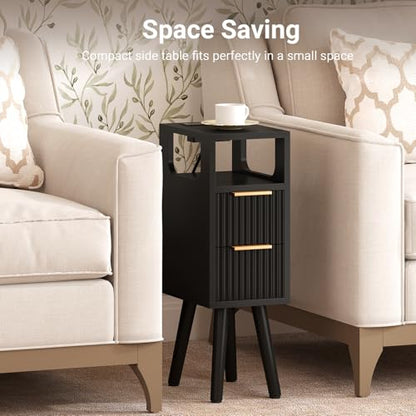 Narrow Side Table with Charging Station, Skinny Fluted Nightstand, Black | 7.9" Wide, 24.4" H, 2 Drawers, Solid Wood Feet, Open Shelf, Slim End Table for Small Spaces, Bedroom - color: Black-1 Pcs