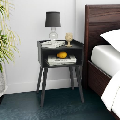 MaxSmeo Nightstand, Mid Century Modern Side Table Bedroom with Storage, Small End Bedside Table with Solid Wood Legs for Living Room, Office Small Spaces (Black) - color: Black