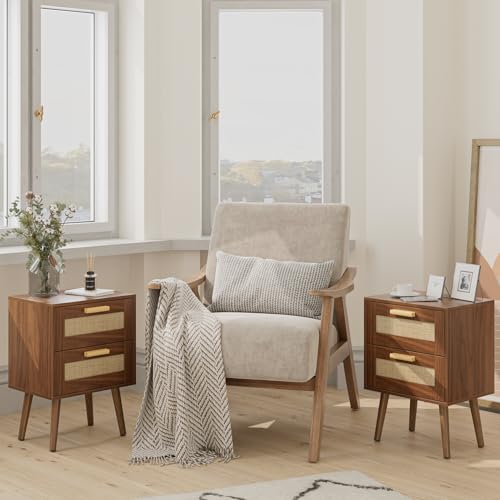 Masupu Rattan Night Stand, Modern nightstand Boho Bedside Table with 2 Drawer, Small End Side Table for Bedroom, Living Room, Office, Walnut - color: Walnut