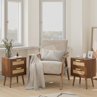 Masupu Rattan Night Stand, Modern nightstand Boho Bedside Table with 2 Drawer, Small End Side Table for Bedroom, Living Room, Office, Walnut - color: Walnut