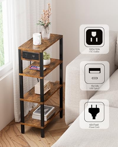 TUTOTAK Narrow Side Table Set of 2, Small End Table with Charging Station | 4-Tier Skinny Sofa Table, Slim Nightstand, Easy Assembly for Living Room, Bedroom, Brown TB01BB0802 - color: Brown, size: 4-tier
