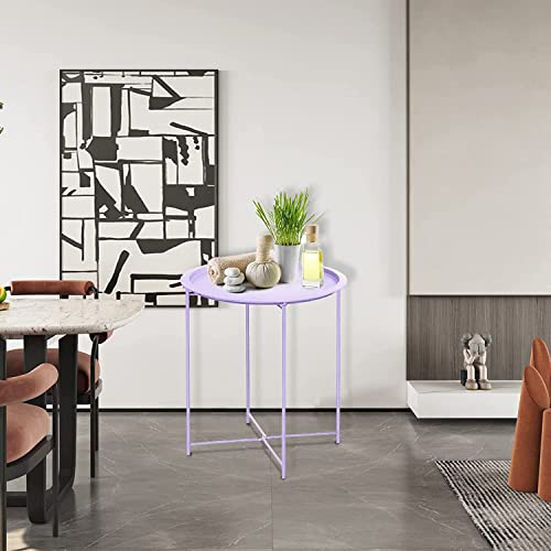 Garden 4 you End Table 2 PCS Metal Side Table Purple Round Folding Tray Cyan Sofa Small Accent Fold-able Table, Round End Table Tray, Next to Sofa Table, Snack Table for Living Room and Bed Room - color: Purple