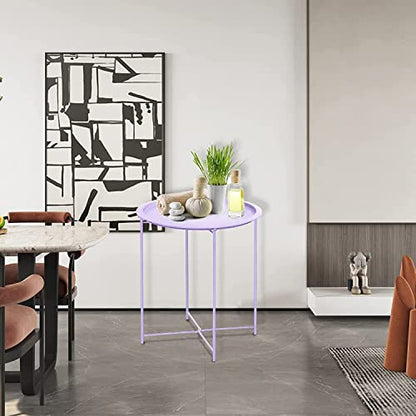 Garden 4 you End Table 2 PCS Metal Side Table Purple Round Folding Tray Cyan Sofa Small Accent Fold-able Table, Round End Table Tray, Next to Sofa Table, Snack Table for Living Room and Bed Room - color: Purple