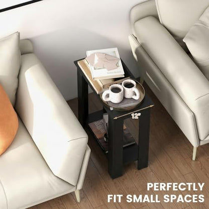 Giantex Narrow End Table Set of 2, 2-Tier Side Table with Open Storage Shelf, Retro Wood Sofa Table Bedside Tables for Small Spaces, Slim Nightstand for Living Room, Bedroom, Easy Assembly, Black - color: Black