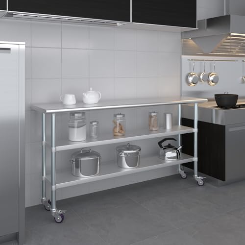 AmGood Stainless Steel Work Table with 2 Shelves and Casters | Metal Utility Table On Wheels (Stainless Steel Work Table with 2 Shelves + Casters, 72" Long x 18" Deep) - size: 72" Long x 18" Deep