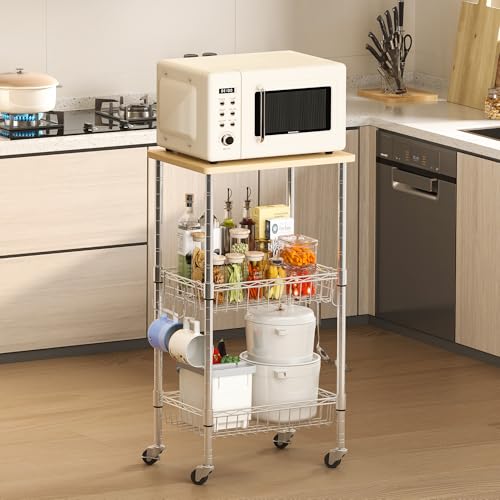 Homeiju Rolling Kitchen Storage Cart, 3-Tier Storage Rack on Caster Wheels with Adjustable 2 Baskets, Coffee Station Cart Rack Shelf Organizer for Living Room Office, Balcony, Chrome/Silver - color: Sliver