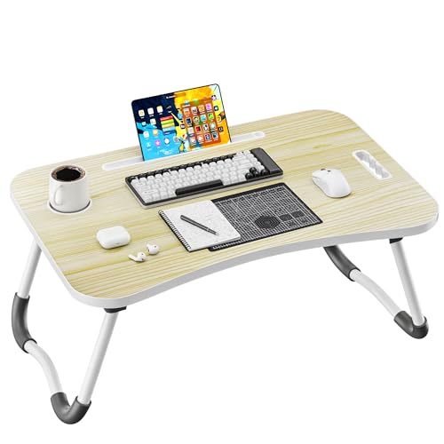 Folding Lap Desk, 23.6 Inch Wood Laptop Bed Desk with Cup Holder, Portable Bed Table for Working Writing Reading & Eating for Bed, Sofa, Couch, Floor - Beige - color: Beige