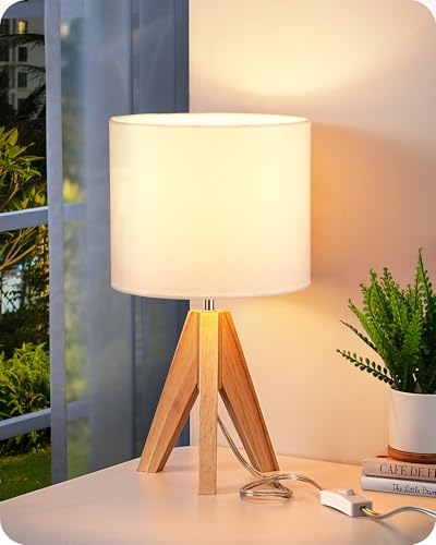 EDISHINE Small Cute Table Lamp, Wood Tripod Nightstand Lamp, Mid Century Bedside Lamp with Linen Fabric Shade for Nursery, Living Room, Bedroom, End Table, UL Listed, 14.2 Inch, ON/Off Switch - color: Natural Wood&White Shade