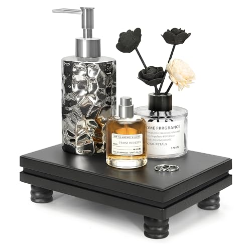 EOSAHR Wood Riser for Decor: Display Stand for Kitchen Modern Decor, Black | Recessed Line, Waterproof Wood Riser, Sink Sponge Holder, Perfume Organizer, Bathroom Counter for Toiletries - color: Black