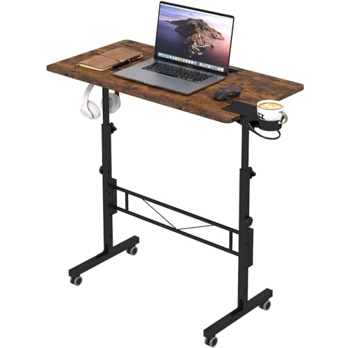 Hadulcet Small Standing Desk Adjustable Height, Rolling Desk for Standing or Sitting, Portable Computer Desk for Walking Pad, Rustic Brown - color: Rustic Brown