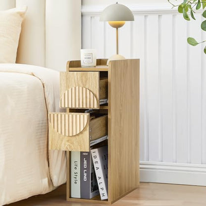 Narrow End Table with 2 Drawers, Fluted Slim Nightstands, Mid Century Modern Wooden Side Table for Small Spaces, 7.9" Wide Skinny Bedside Tables,Narrow Side Table for Bedroom - color: Natural X20