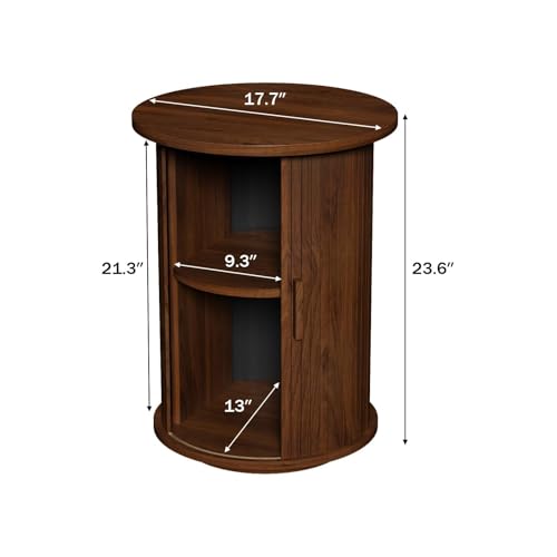 Wnutrees Round Fluted End Table, Small Accent Pedestal Side Table, Brown | Wood Nightstand with Sliding Door & 2 Tier Shelf, Bedside Unit for Living Room, Bedroom - color: Brown