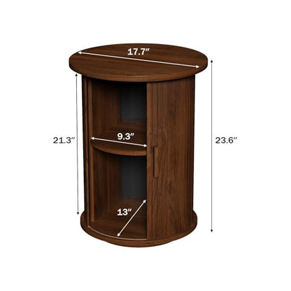 Wnutrees Round Fluted End Table, Small Accent Pedestal Side Table, Brown | Wood Nightstand with Sliding Door & 2 Tier Shelf, Bedside Unit for Living Room, Bedroom - color: Brown