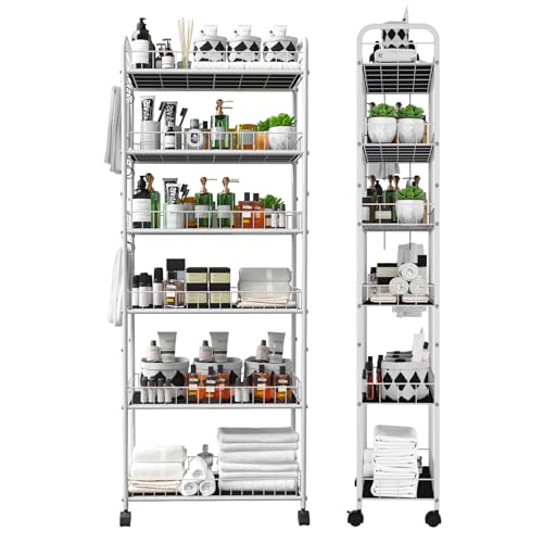 10in 6 Tier Slim Storage Cart with Wheels,White Narrow Space Rolling Shelving Unit, Metal Wire Mobile Organizer Rack for Kitchen Bathroom Office Laundry - size: 10in White
