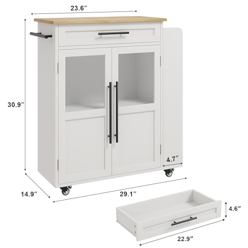 Garvee 36 in Kitchen Island Cart with Solid Wood Top - Farmhouse Mobile Storage Cart with Drawer, 3-Tier Shelves & Locking Wheels for Small Kitchens (White & Natural)