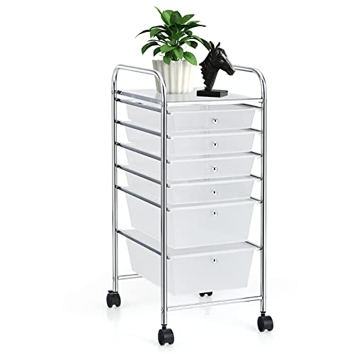COSTWAY 6-Drawer Rolling Storage Cart, Art Craft Tools Organizer on Wheels | Multifunctional Heavy Duty Utility Mobile Storage Trolley w/ 2 Lockable Wheels for Home Office School (Clear) - color: Clear, size: 6 Drawer