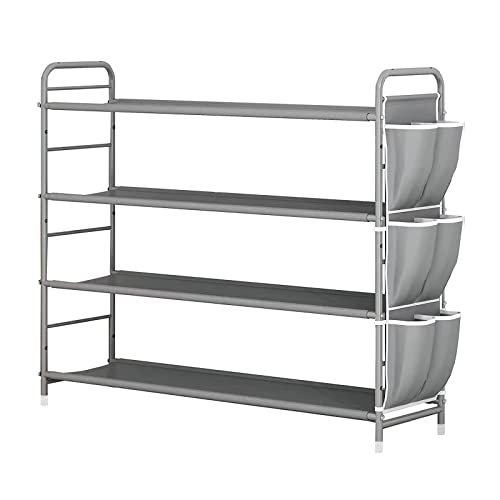 SUOERNUO 4 Tier Free Standing Metal Shoe Rack With Side Bag - Compact Shoe Organizer for Entryway Closet Bedroom, Grey - color: Grey, size: 4 Tier