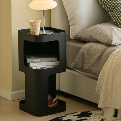 Modern Side Table, Small End Table for Small Spaces, Metal Nightstand with Storage Shelf, Space-Saving Bedside Table Accent Table Drink Tables for Living Room, Bedroom, No Assembly Required - color: Black Trumpet