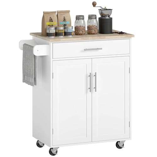 HOMCOM Kitchen Island Cart, Rolling Island Table with Solid Wood Top, Trolley Cart with Drawer, Storage Cabinet & Towel Rack, White - color: White