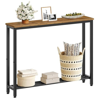 YATINEY Narrow Console Table, 2-Tier Small Sofa Table, 39.4" Thin Entryway Behind Couch Table with Shelves, Industrial Hallway Table, for Living Room, Foyer, Rustic Brown and Black CT25BR - color: Rustic Brown + Black, size: 39.4"D x 29.5"W x 7.9"H