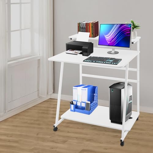 3 Tiers Rolling Computer Desk, 31.5 Inch Home Office Desk with 4 Wheels & 4 Foot Pads, Mobile Small Computer Desk, Student Study Table for Small Space Bedroom (White+White) - color: White+white