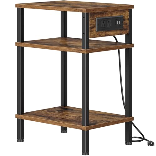 Creso hom Side Table with Charging Station, End Tables Living Room | 21.7 Inch Skinny Night Stand with Storage, Small Bedside Tables for Bedroom, Office, Dorm, Hallway, Rustic Brown - color: Rustic Brown, size: 14.96"D x 11"W x 21.7"H