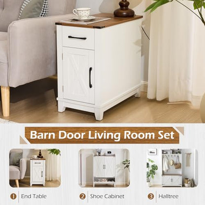 EROMMY Farmhouse End Table with Charging Station, Narrow Side Table for Living Room, Nightstand with Drawer and Storage Cabinet, Adjustable Shelf, White - color: White