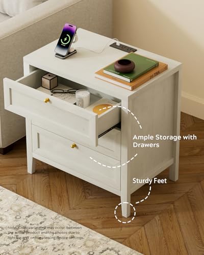 Large Nightstand Set of 2 with 3 Drawers, Farmhouse Bedside End Table with Charging Station, Modern Wood Night Stand for Sofa, Bedroom, Antique White - color: Antique White, size: 2 PCS (3 Drawers)