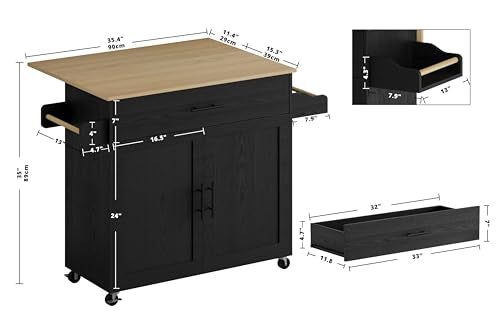 IRONCK Rolling Kitchen Island Cart with Drop-Leaf and Wine Rack, Black | Wheels, Drawers, Open Shelves, Adjustable Shelves, and Spacious Drawer Storage - color: Black
