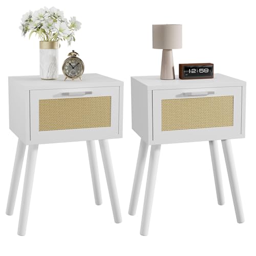 YMYNY Nightstand Set of 2, End Table, Small Bedside Table, Handmade Rattan Decorated Drawer, Solid Wood Legs, Modern Side Table for Bedroom and Small Spaces, White UHST010W-2 - color: White