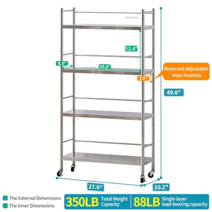 susunnus Stainless Steel Shelf,Shelves for Storage,Metal Shelf,Kitchen Garage Shelves, with Wheels,Rolling Shelves,Adjustable Height,Weight Capacity 350LB (27.6in*10.2in-4T with guardrails) - size: 27.6in*10.2in-4T