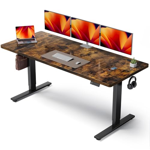 Electric Standing Desk Adjustable - 71x30 Inch Sit Stand Desk with 1 Inch Thick Tabletop, Double Beam Frame, 3 Memory Height Adjustment, Cable Management for Home Office - color: Rustic Brown Top / Black Frame, size: 71 x 30 Inch