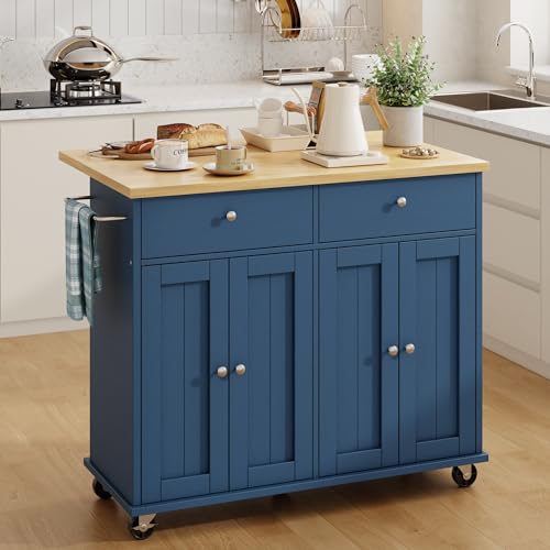 SUNLEI Kitchen Island with Storage, Rolling Kitchen Island Cart with Wheels & Drop Leaf & Towel Rack & 2 Drawers, Portable Island Table for Kitchen (Blue, 39.6“) - style: Blue