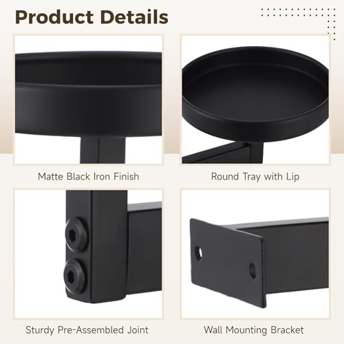 OMISTAR 3 Pack Wall Plant Holders for Indoor Plants, 5.9 Inch Metal Floating Shelves with Round Trays, Wall Mounted Plant Stands for Small Pots, Black