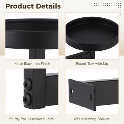 OMISTAR 3 Pack Wall Plant Holders for Indoor Plants, 5.9 Inch Metal Floating Shelves with Round Trays, Wall Mounted Plant Stands for Small Pots, Black