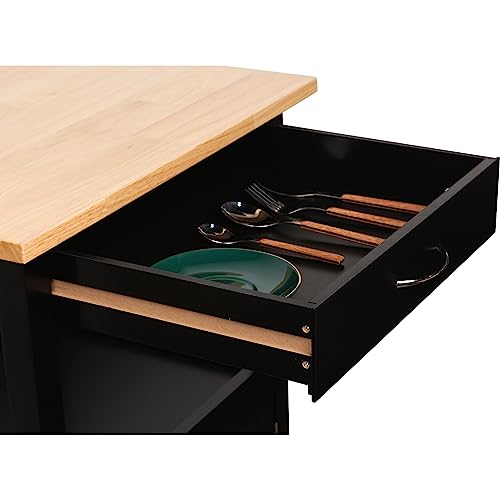 eHemco Kitchen Island Cart on Wheels, Black Base, Natural Hardwood Top | Drawer, Storage Cabinet, Shelf - color: Black