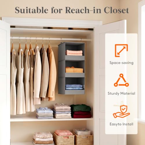 Lifewit 3 Tier Hanging Closet Storage Organizer for Shelves, Front Anti-Slip Clothes Storage Hanger with 2 Sturdy Hooks, Vertical Foldable Sweater Organization for Shlef, Wardrobe, Dorm, RV, Gray
