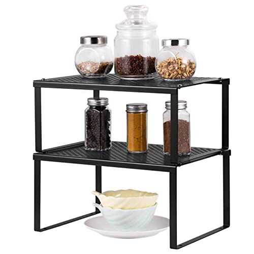 NEX Cabinet Organizer Shelf Set of 2, Kitchen Counter Stackable Shelves, Expandable Spice Rack Pantry Organizers Bathroom Storage Riser, Metal, Black - color: Black