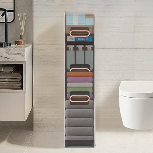 Plastic Narrow Storage Cabinet, Vertical Bathroom Storage Unit 4-Tier Slim Organizer Tower with Toilet Paper Holder Side Unit for Towels Shampoo Cosmetics