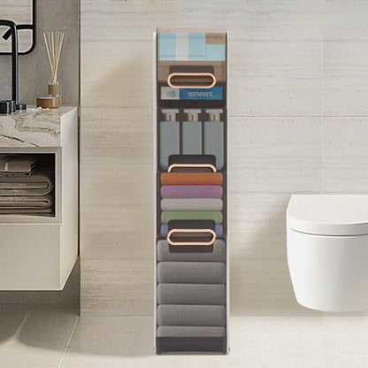 Plastic Narrow Storage Cabinet, Vertical Bathroom Storage Unit 4-Tier Slim Organizer Tower with Toilet Paper Holder Side Unit for Towels Shampoo Cosmetics