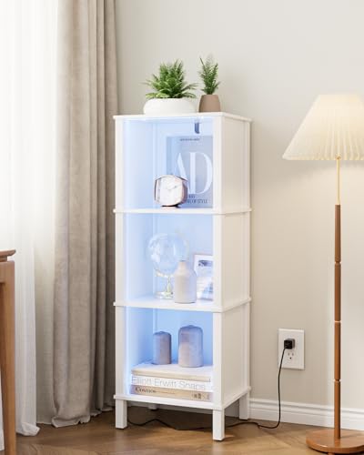 Bookshelf with LED Lights, Modern 3-Tier Bookcase, Open Storage Book Shelf, 11 × 14.2 × 38.9 Inches, Small Narrow Bookshelves for Living Room, Home Office, Bedroom, White - color: White With Lights, size: 3-Tier