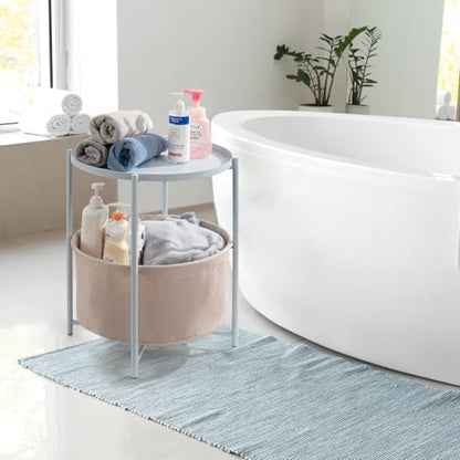 danpinera Small Round Side Table with Storage Basket, Removable Tray Top | Metal End Table for Small Space, Living Room, Bedroom, Nursery, Laundry, Modern Nightstand with Removable Tray, Blue-Gray - color: Blue Gray