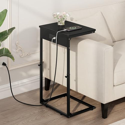 Vagusicc C Shaped End Tables Set of 2 with Charging Station, 33.2'' Tall C Table Adjustable Height Side Table, Small Side Table for Small Spaces, Couch Sofa Table TV Tray for Living Room, Black - color: Black (2 Pack), style: With Plug