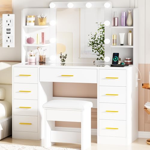 BEWISHOME Makeup Vanity Desk with Mirror and Lights White Vanity Table with Glass Top Power Outlet Stool,Makeup Desk with 9 Drawers and 4 Storage Shelves,Dressing Table for Bedroom Women FST39W