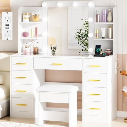 BEWISHOME Makeup Vanity Desk with Mirror and Lights White Vanity Table with Glass Top Power Outlet Stool,Makeup Desk with 9 Drawers and 4 Storage Shelves,Dressing Table for Bedroom Women FST39W