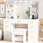 BEWISHOME Makeup Vanity Desk with Mirror and Lights White Vanity Table with Glass Top Power Outlet Stool,Makeup Desk with 9 Drawers and 4 Storage Shelves,Dressing Table for Bedroom Women FST39W
