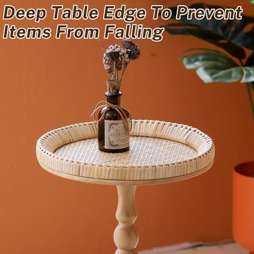 Small Side Table, Rattan Drink Table, Round Side Table for Small Spaces, Boho Circle End Table Coffee Table with Solid Wood Leg for Living Room, Pedestal Table for Bedroom, Corners - size: High: 25", style: Bohemian